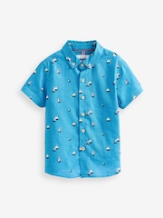 Blue Boat Print Short Sleeve Linen Cotton Shirt (3mths-7yrs) - Image 4 of 5