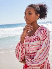 Hellrosa/Weiß - Kurzes Kaftan-Sommerkleid aus Jacquard - Bild 2 von 4