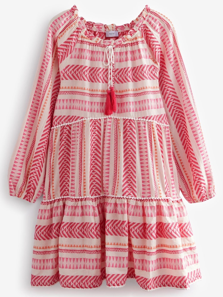 Hellrosa/Weiß - Kurzes Kaftan-Sommerkleid aus Jacquard - Bild 4 von 4