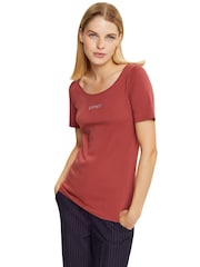 Esprit Orange Terracotta Rhinestones Logo 100% Cotton T-Shirt - Image 3 of 7