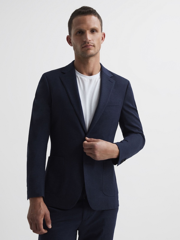 Reiss Navy Sob Single Breasted Jersey Textured Slim Fit Blazer - Image 1 of 10