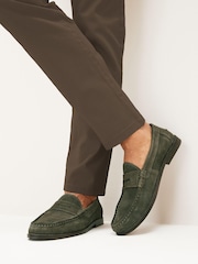 Khaki Green Suede Penny Loafers - Image 1 of 6