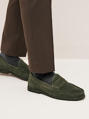 Khaki Green Suede Penny Loafers - Image 2 of 6