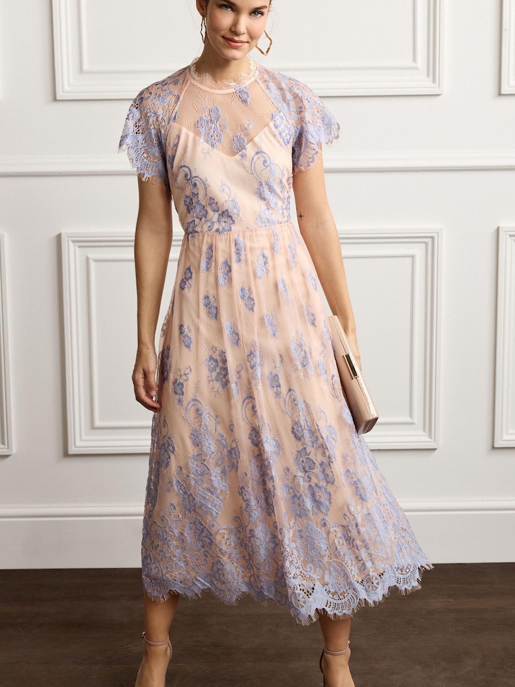 Light Blue/Peach Pink Floral Lace High Neck Short Sleeve Midi Dress - Image 1 of 6