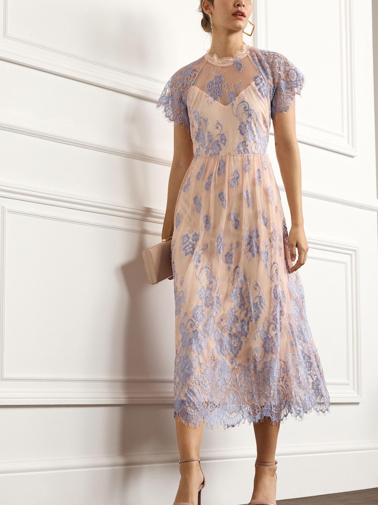 Light Blue/Peach Pink Floral Lace High Neck Short Sleeve Midi Dress - Image 2 of 6
