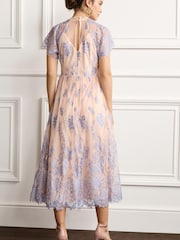 Light Blue/Peach Pink Floral Lace High Neck Short Sleeve Midi Dress - Image 3 of 6