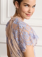 Light Blue/Peach Pink Floral Lace High Neck Short Sleeve Midi Dress - Image 5 of 6