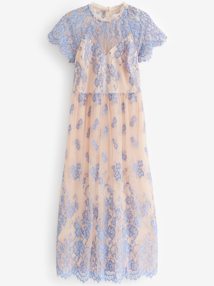 Light Blue/Peach Pink Floral Lace High Neck Short Sleeve Midi Dress - Image 6 of 6