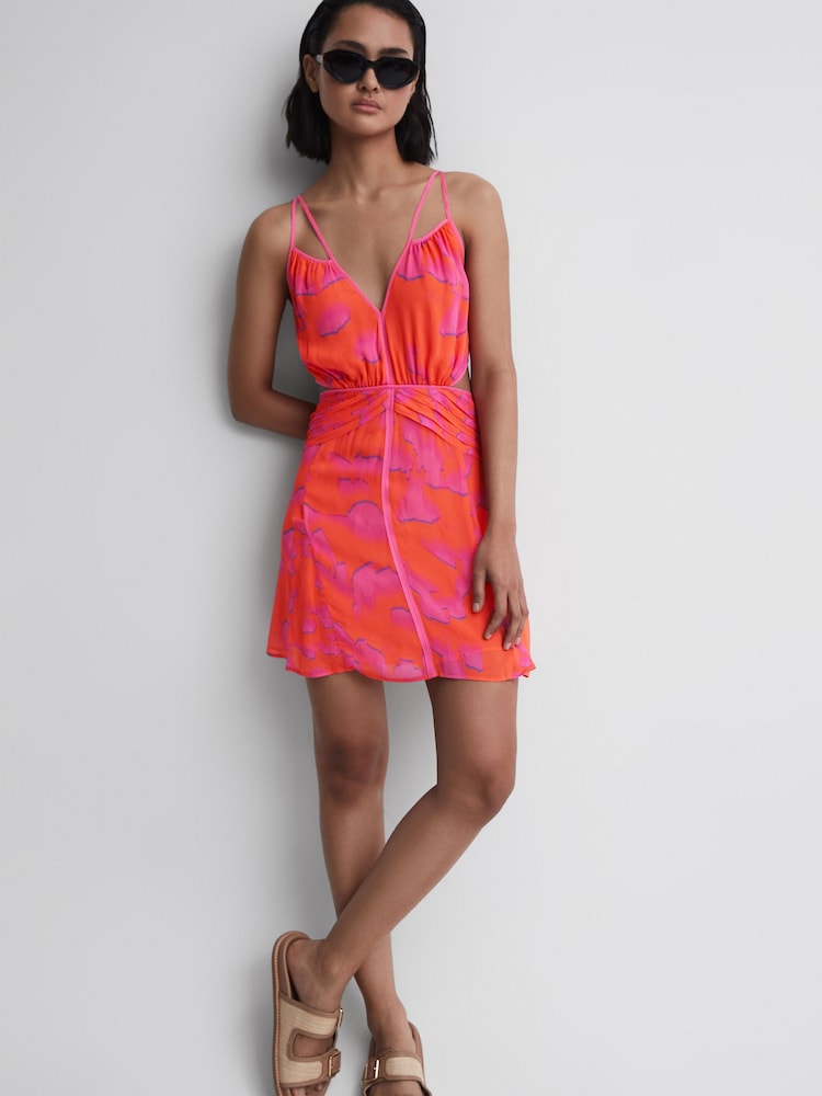 Reiss Orange/Pink Abilene Plunge Neckline Resort Mini Dress - Image 1 of 5