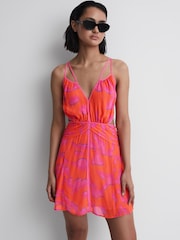 Reiss Orange/Pink Abilene Plunge Neckline Resort Mini Dress - Image 3 of 5