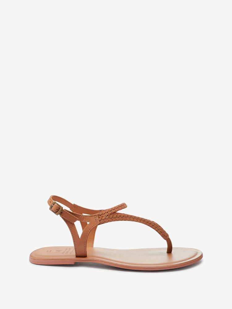 Tan Brown Extra Wide Fit Forever Comfort® Leather Plait Toe Post Flat Sandals - Image 3 of 6