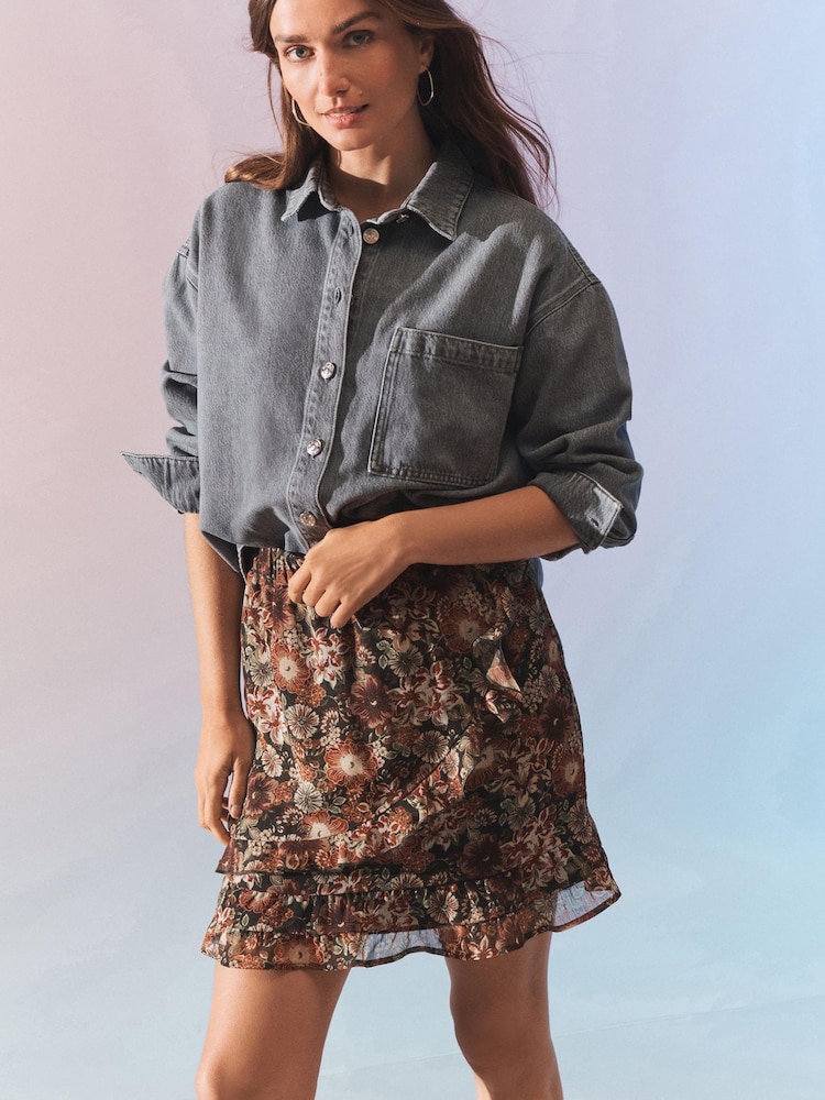 Brown Floral Ruffle Mini Skirt - Image 1 of 5