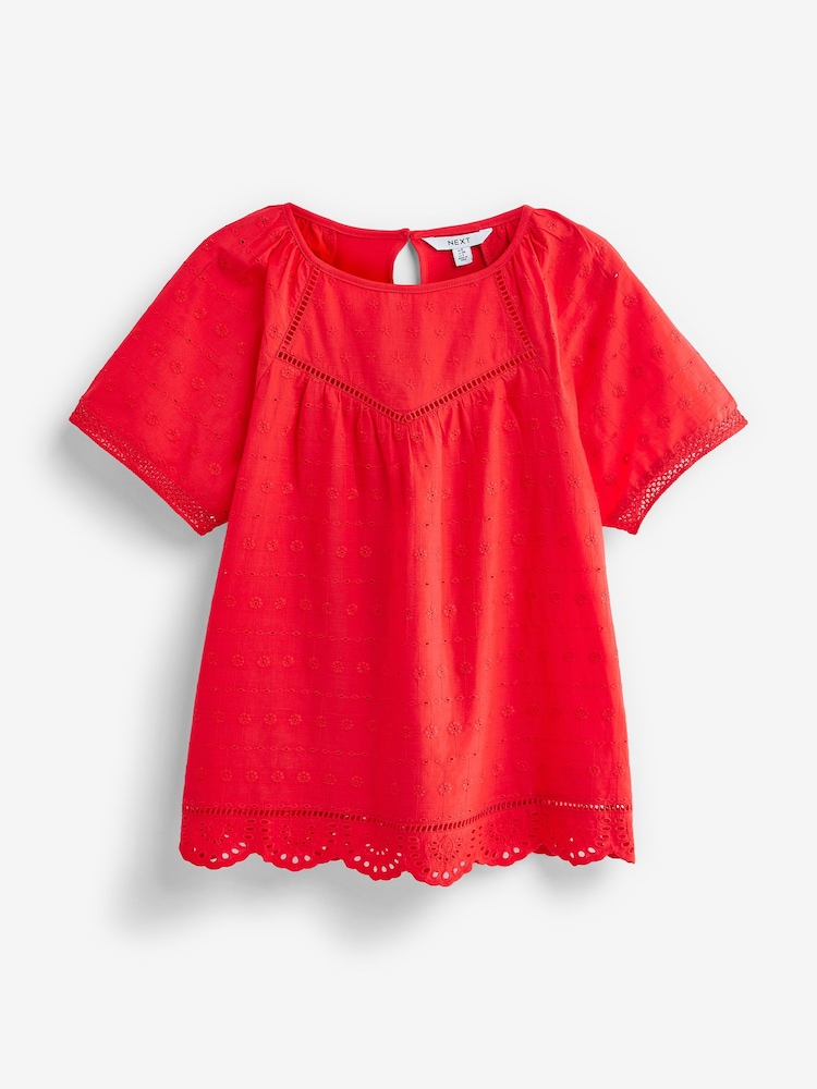 Rot - Kurzärmeliges T-Shirt mit Lochstickerei - Bild 4 von 4
