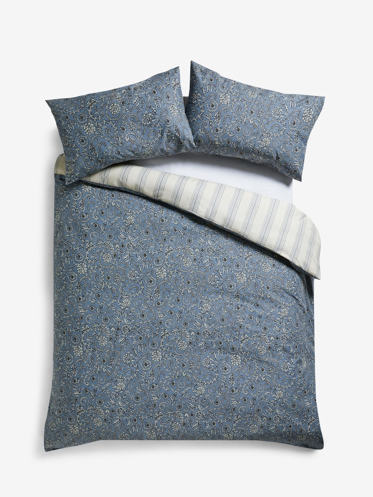 Blue 100% Cotton Reversible Stripe Paisley Duvet Cover and Pillowcase Set - Image 5 of 5