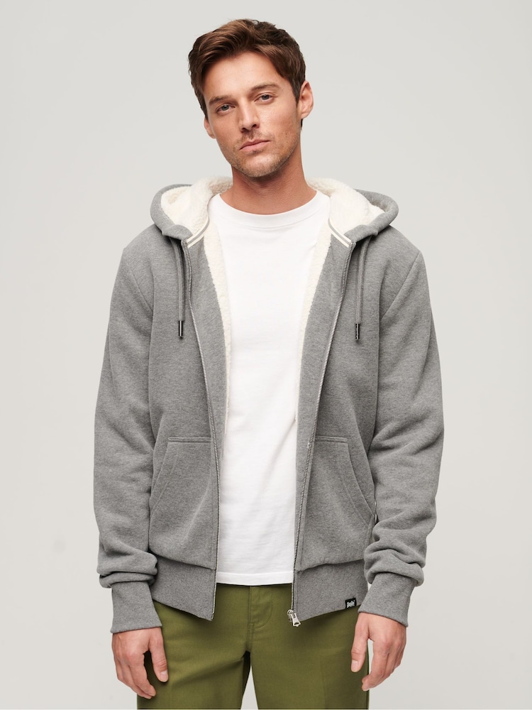 Superdry Grey Essential Borg Lined Zip-Up Hoodie - Image 1 of 5