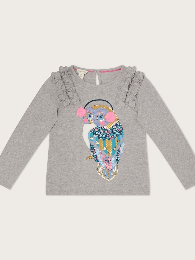 Monsoon Grey Owl Long Sleeve T-Shirt In Sustainable Cotton - Image 1 of 2