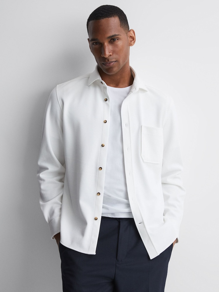 Reiss White Moritz Textured Button-Through Overshirt - Image 1 of 5