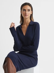 Reiss Navy Elaina Rib-Knitted Midi Dress - Image 1 of 8