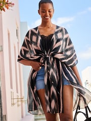 Pink Print Longline Tie Waist Kimono Cover-Up - Image 1 of 3