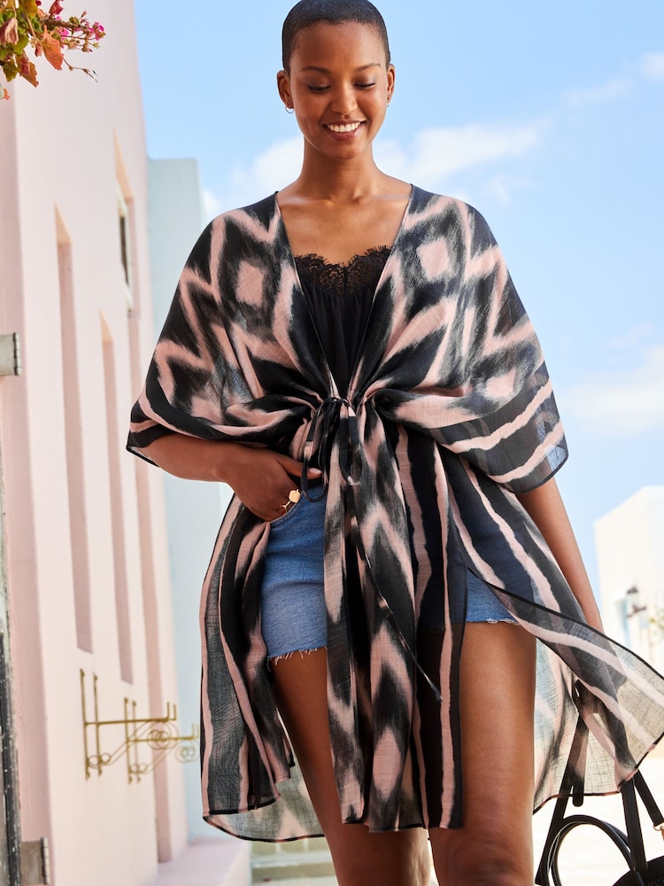 Pink Print Longline Tie Waist Kimono Cover-Up - Image 1 of 3