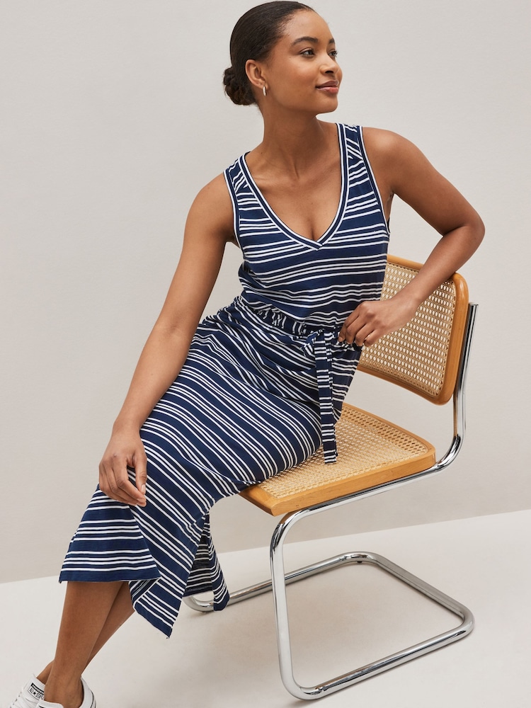 Navy Blue/White Stripe Sleeveless Midi V-Neck Slub Dress - Image 1 of 5