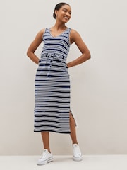 Navy Blue/White Stripe Sleeveless Midi V-Neck Slub Dress - Image 2 of 5