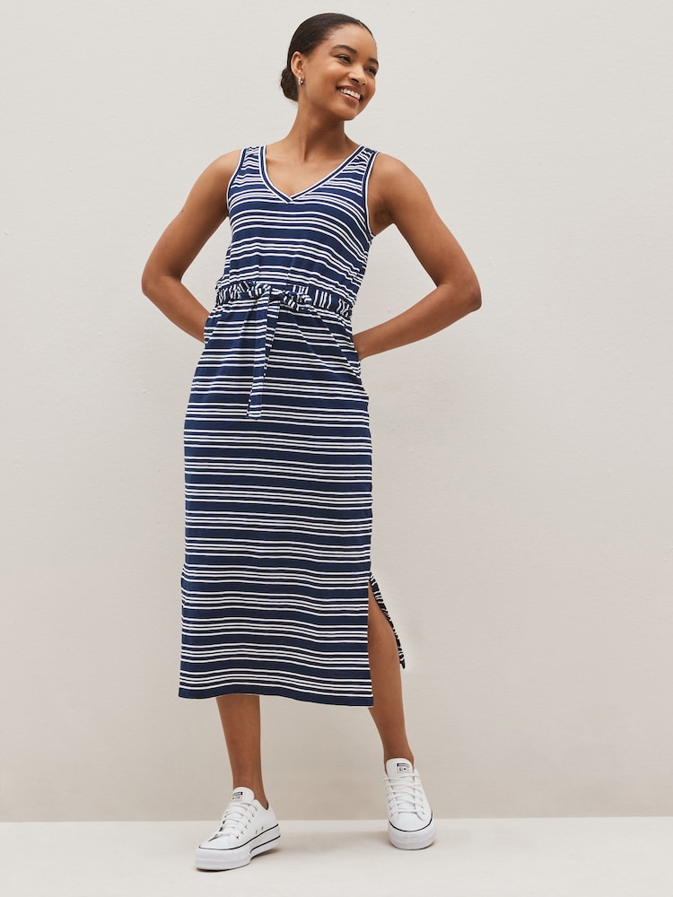 Navy Blue/White Stripe Sleeveless Midi V-Neck Slub Dress - Image 2 of 5