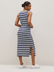 Navy Blue/White Stripe Sleeveless Midi V-Neck Slub Dress - Image 3 of 5