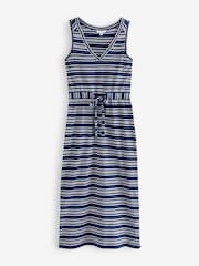 Navy Blue/White Stripe Sleeveless Midi V-Neck Slub Dress - Image 5 of 5