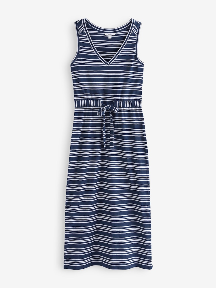 Navy Blue/White Stripe Sleeveless Midi V-Neck Slub Dress - Image 5 of 5