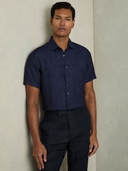 Reiss Navy Holiday Slim Fit Linen Button-Through Shirt - Image 1 of 7