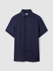 Reiss Navy Holiday Slim Fit Linen Button-Through Shirt - Image 2 of 7
