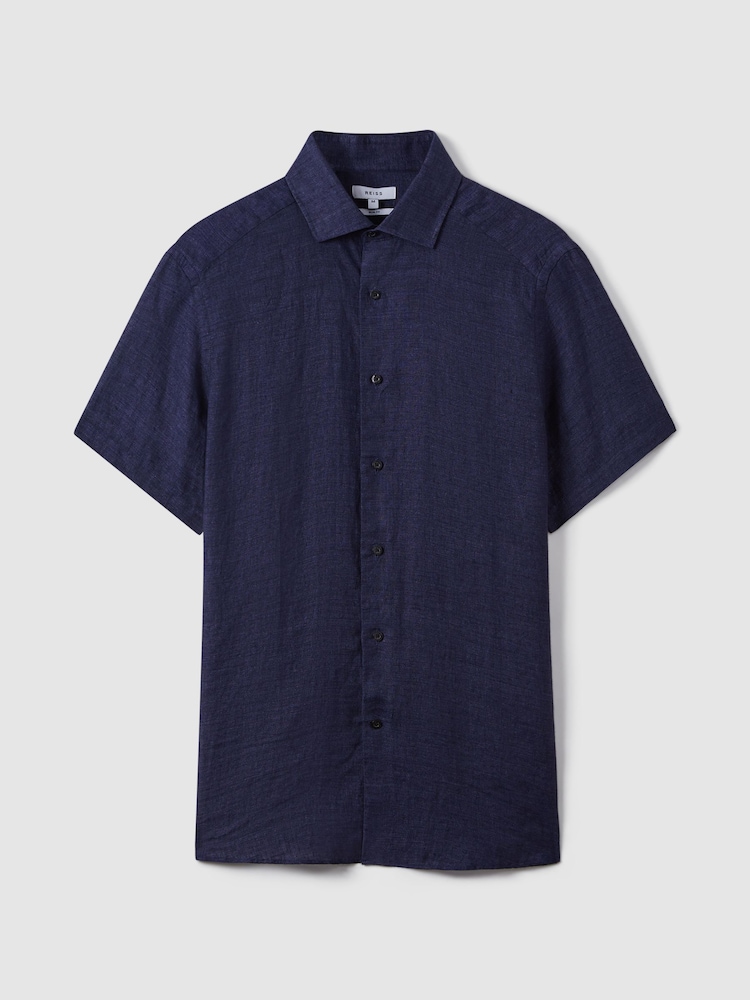 Reiss Navy Holiday Slim Fit Linen Button-Through Shirt - Image 2 of 7
