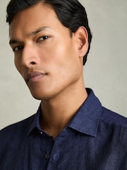 Reiss Navy Holiday Slim Fit Linen Button-Through Shirt - Image 4 of 7