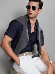 Reiss Navy Holiday Slim Fit Linen Button-Through Shirt - Image 7 of 7