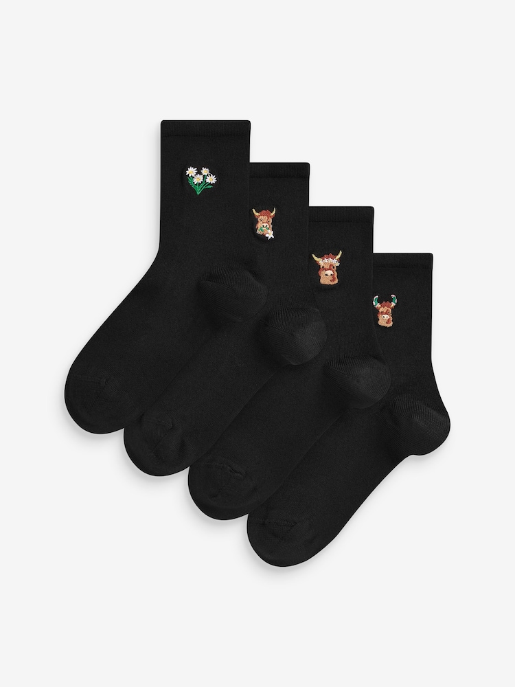 Hamish The Highland Cow Embroidered Motif Ankle Socks 4 Pack - Image 1 of 1