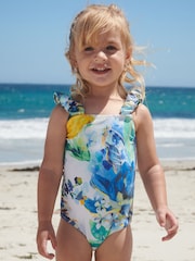 Blue/White Floral Ruched Sleeves Swimsuit (3mths-12yrs) - Image 1 of 7