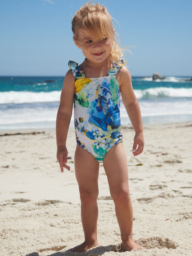Blue/White Floral Ruched Sleeves Swimsuit (3mths-12yrs) - Image 2 of 7