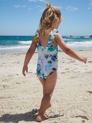 Blue/White Floral Ruched Sleeves Swimsuit (3mths-12yrs) - Image 3 of 7