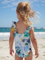 Blue/White Floral Ruched Sleeves Swimsuit (3mths-12yrs) - Image 4 of 7