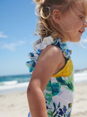 Blue/White Floral Ruched Sleeves Swimsuit (3mths-12yrs) - Image 5 of 7