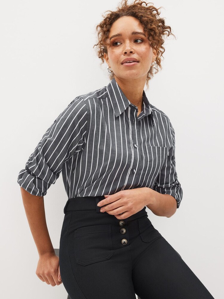 Charcoal Grey Stripe Long Sleeve Cotton Formal Shirt With Pocket - Image 1 of 7
