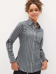 Charcoal Grey Stripe Long Sleeve Cotton Formal Shirt With Pocket - Image 4 of 7