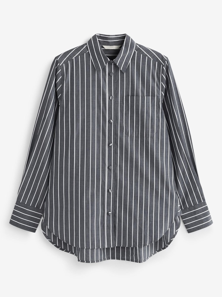 Charcoal Grey Stripe Long Sleeve Cotton Formal Shirt With Pocket - Image 7 of 7