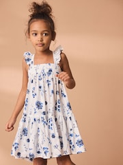 Blue Floral 100% Cotton Printed Tiered Dress (3-16yrs) - Image 1 of 7