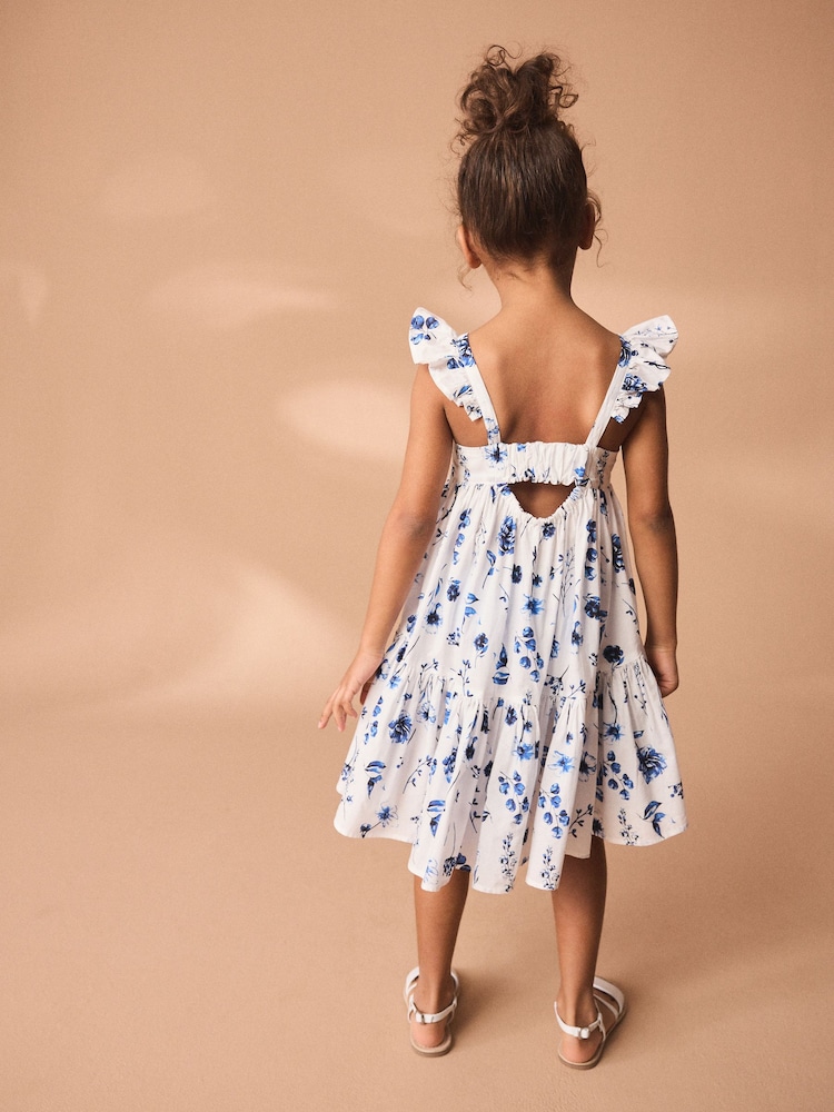 Blue Floral 100% Cotton Printed Tiered Dress (3-16yrs) - Image 2 of 7