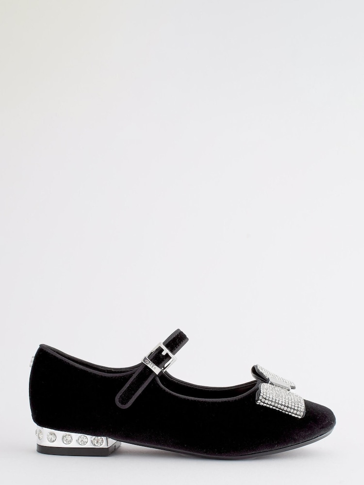 Baker by Ted Baker Girls Black Velvet Mary Jane Shoes with Rhinestone Bow - Image 2 of 6