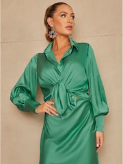 Chi Chi London Green Satin Wrap Midi Skirt - Image 2 of 4
