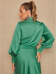 Chi Chi London Green Satin Wrap Midi Skirt - Image 4 of 4