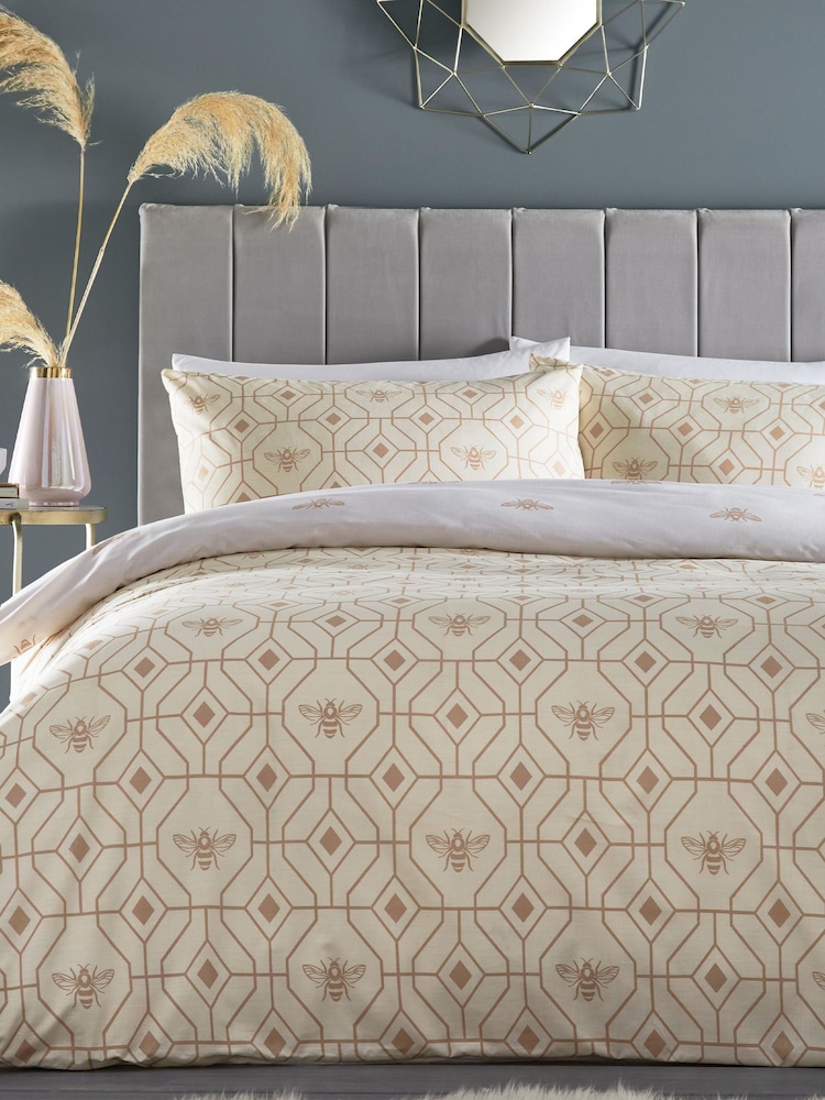 furn. Gold Bee Deco Geometric Reversible Duvet Cover and Pillowcase Set - Image 1 of 3